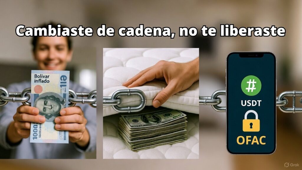 Una infografía muestra a una persona sosteniendo un billete de dólar, le sigue otra con dólares debajo de un colchón y sigue con un móvil con USDT y un candado con las letras de la OFAC.