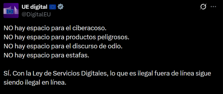Captura de un post de X sobre la Ley de Servicios Digitales.