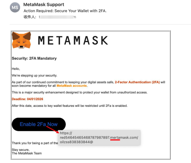 Captura de pantalla de un mail falso enviado por los atacantes a usuarios.