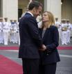 Rome (Italy), 03/06/2025.- Italian Prime Minister Giorgia Meloni (R) welcomes French President Emmanuel Macron (L) at Palazzo Chigi in Rome, Italy, 03 June 2025. (Francia, Italia, Roma) EFE/EPA/RICCARDO ANTIMIANI