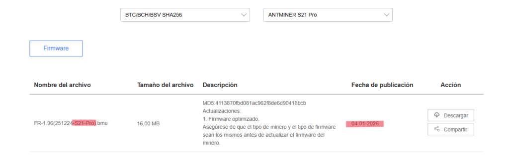 Interfaz de la web de Bitmain con datos del firmware del ASIC S21 Pro.