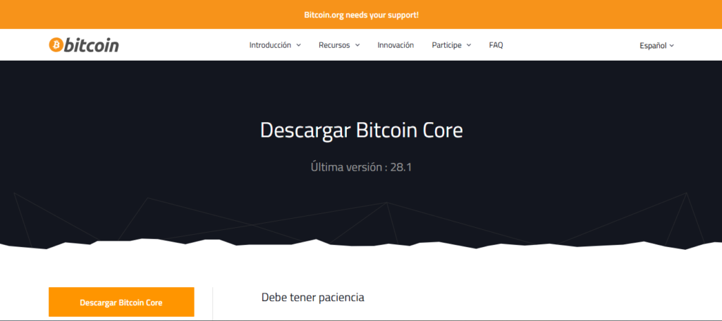 interfaz del sitio web oficial de Bitcoin Core.