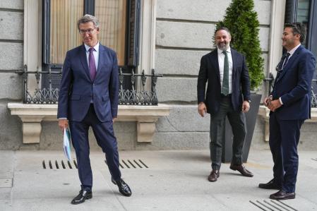&nbsp;El presidente del PP, Alberto Núñez Feijóo y el líder de Vox, Santiago Abascal, a la salida de un pleno del Congreso de los Diputados