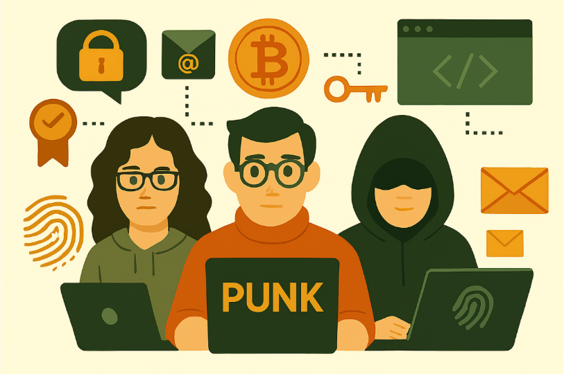 Ilustración animada de tres personas frente a laptops, una con rostro oculto, rodeadas de íconos de seguridad digital.