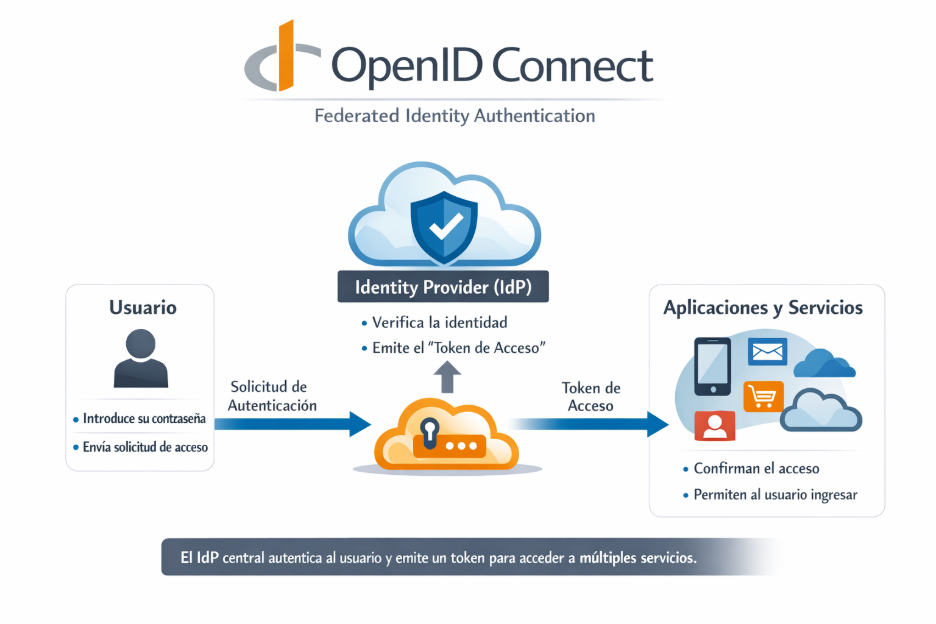 nfografía de OpenID Connect mostrando usuario, IdP y aplicaciones con flujo de tokens de acceso.