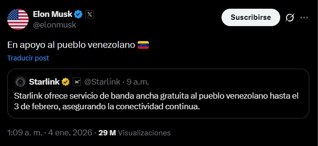 Captura del post de Elon Musk y Starlink acerca del servicio de Internet para los venezolanos.