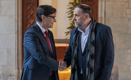 Reunión del president Salavdor Illa con Oriol Junqueras en el Palau de la Generalitat, tras anunciar el acuerdo de financiación a primeros de enero.