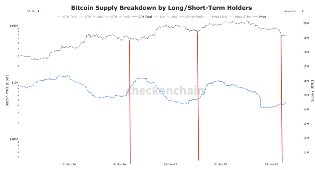 Gráfico que muestra reducción de la oferta de holders a largo plazo de bitcoin