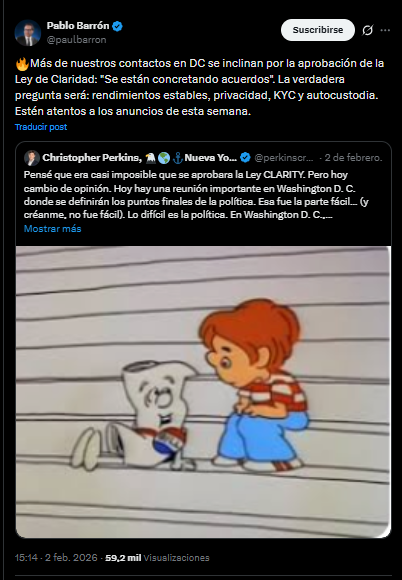 Un tuit de Paul Barron sobre la posibilidad de que avance la regulación sobre el sector de las criptomonedas en Estados Unidos.