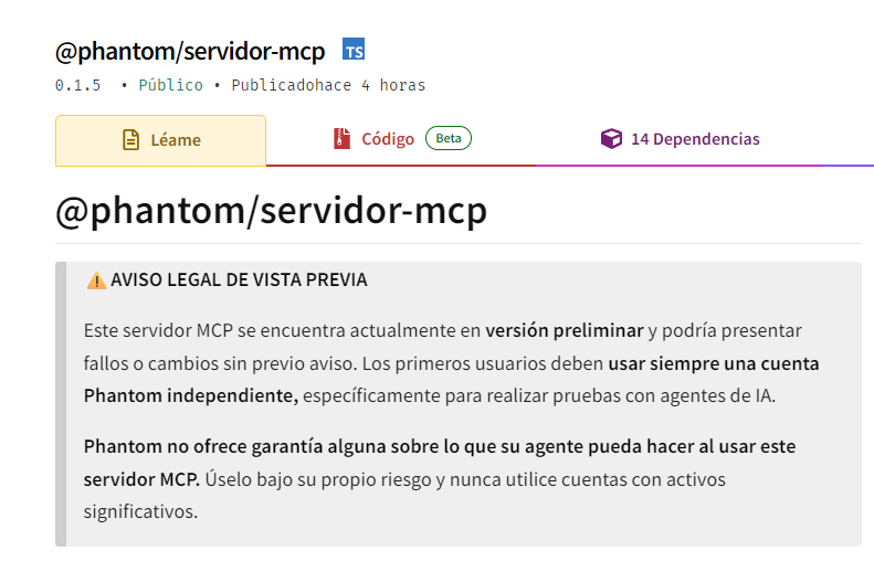 Advertencia en el repositorio npm de que el servidor MCP de Phanthom está en fase de revisión.