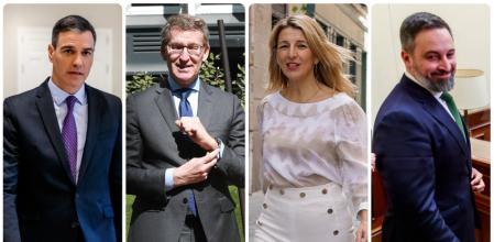 Pedro Sánchez (PSOE), Alberto Núñez Feijóo (PP), Yolanda Díaz (SUMAR) y Santiago Abascal (VOX)