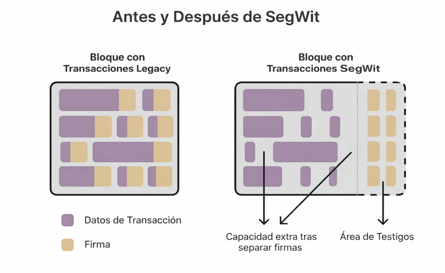 gráfico con colores violeta y beige que ejemplifica cómo se aumetó la capacidad al introducir SegWit.