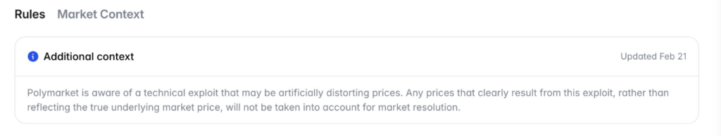 Captura de pantalla de un mensaje en la web de Polymarket. 