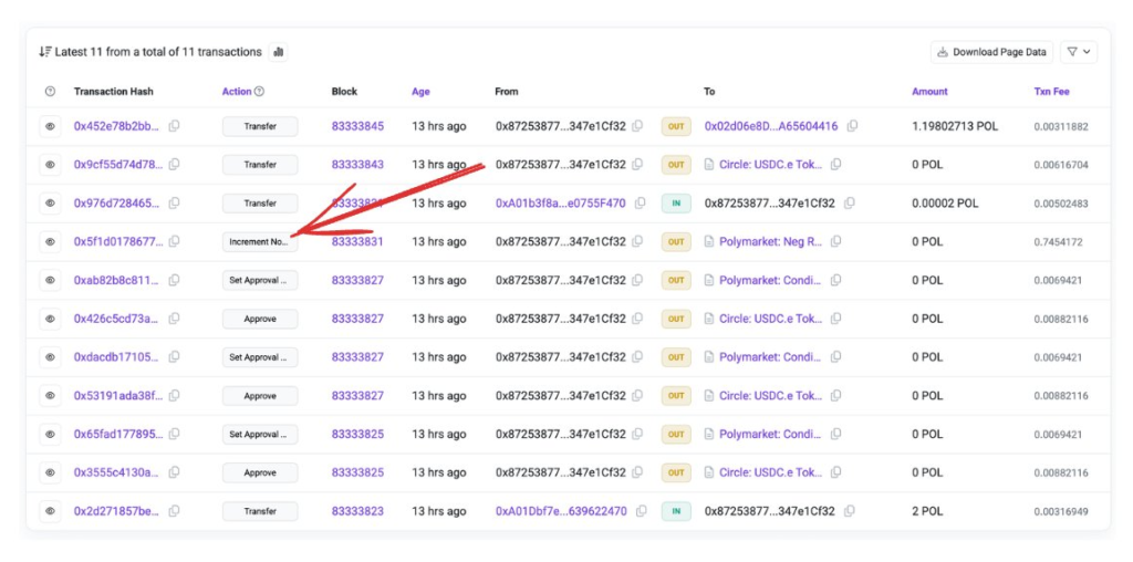 Listado de transacciones en la red Polygon.