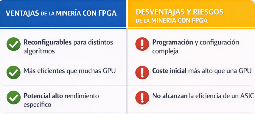 Cuadro comparativo de las ventajas e inconvenientes de la minería con FPGA.