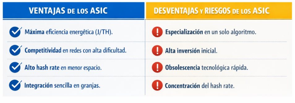 Tabla comparativa con las ventajas y desventajas de los ASIC.