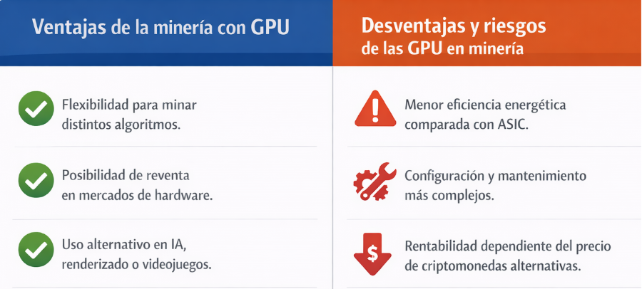 Tabla comparativa que muestra las ventajas y desventajas o riesgos de minar con GPU.
