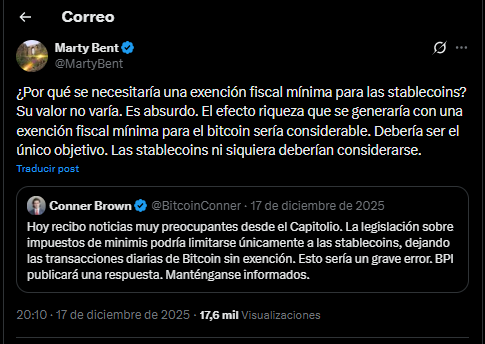 Un mensaje en X de un miembro de la comunidad de bitcoin quien cree que el foco de las exenciones de tributos en EE. UU. debe ser bitcoin.