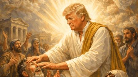 Imagen generada por IA y publicada por el influencer Nick Adams con el pie de foto: “El presidente Trump está sanando a esta nación y a su pueblo a una escala bíblica. ¡Al diablo le repugna esto!”&nbsp;