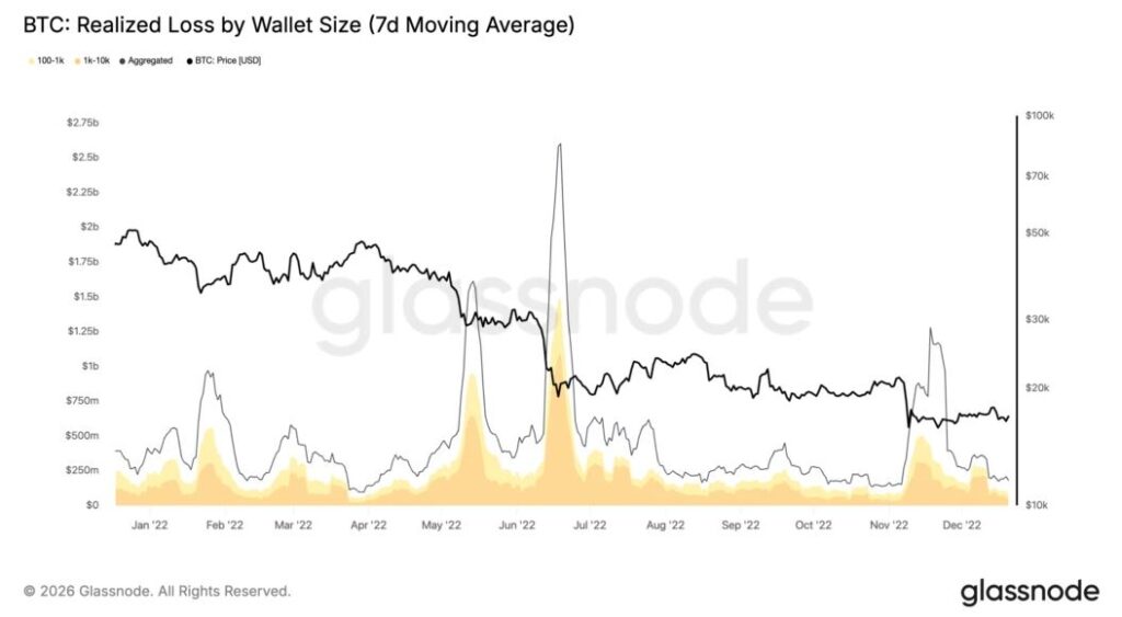 Gráfico que muestra las perdidas realizadas de bitcoin en 2022.