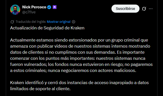 Kraken denuncia extorsión y confirma accesos indebidos por empleados a datos de clientes 