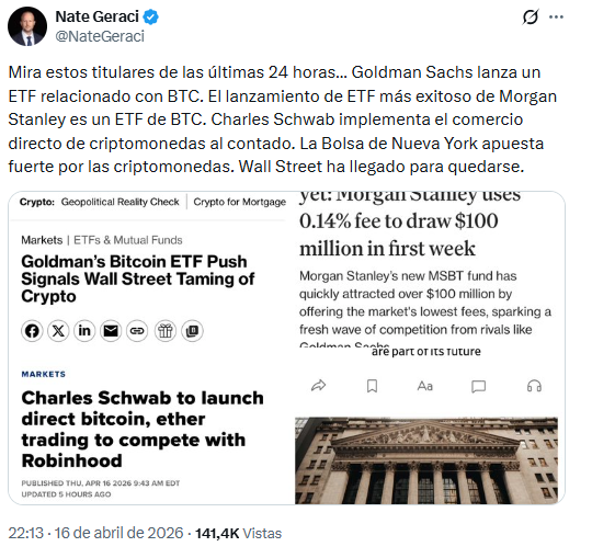 «Wall Street llegó a bitcoin para quedarse»: Nate Geraci