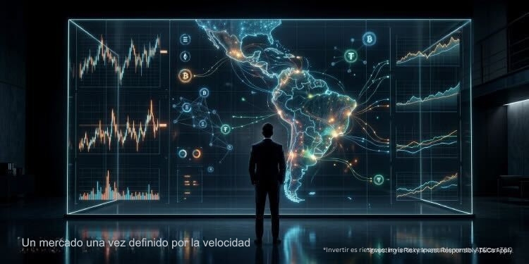 Inversionista observa mapa de Latinoamérica con gráficos de criptomonedas, destacando mercado cripto en Latam y oportunidad de trading consistente con IUX.