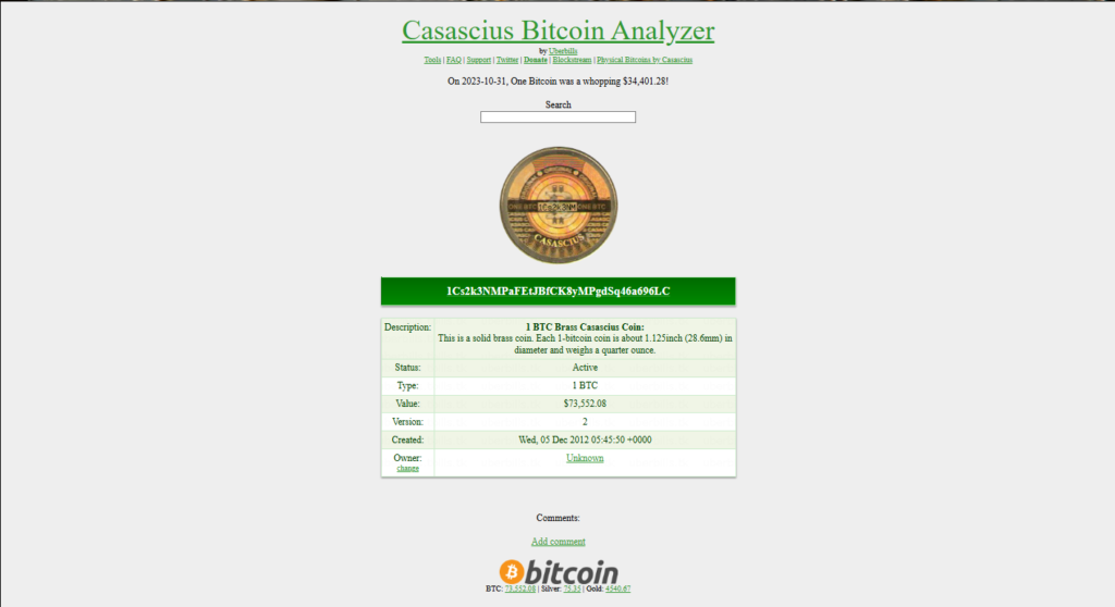 Captura del rastreador Casascius Bitcoin Analyzer que muestra la ficha de una moneda física Casascius