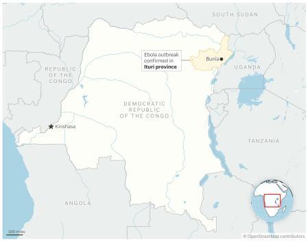 Mapa que muestra la ubicación de la provincia de Iturbe, foco inicial de la epidemia, con su capital Dunia&nbsp;