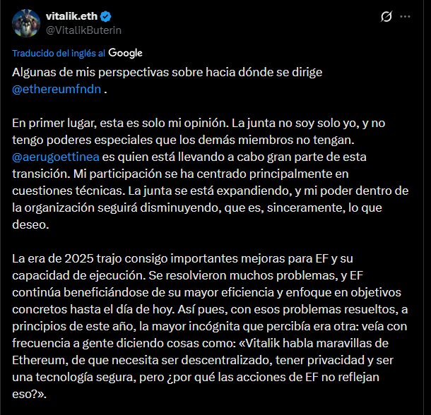 Vitalik reducirá su poder dentro de la Fundación: «Es lo que honestamente quiero»