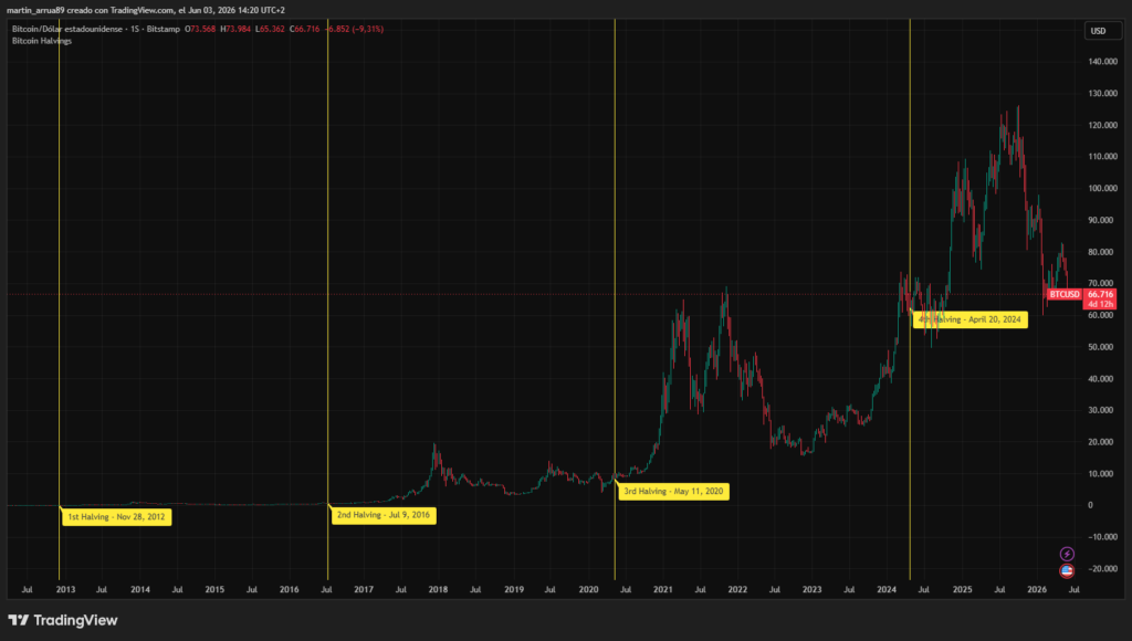 Gráfico que muestra el precio de bitcoin y los eventos de halving.