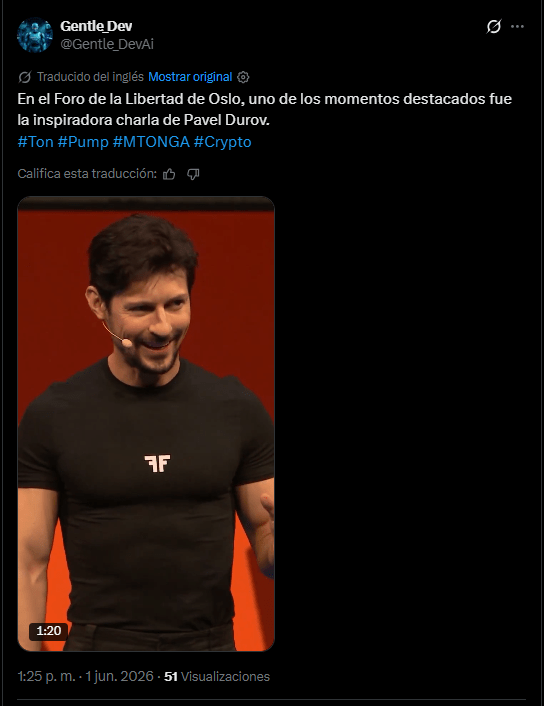 Un mensaje en X de un usuario que destaca la ponencia de Pavel Durov durante el Foro de Oslo.