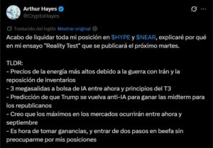 «Retiré todo mi dinero de hyperliquid y near»: Arthur Hayes