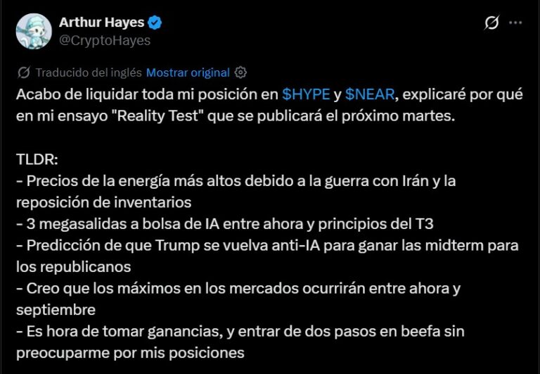 «Retiré todo mi dinero de hyperliquid y near»: Arthur Hayes