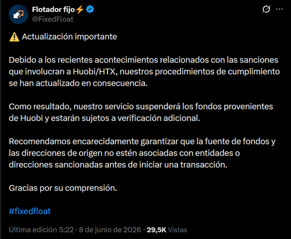 Sanción a HTX genera barreras para mover criptomonedas en exchanges sin KYC