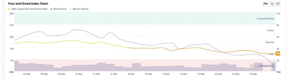 Gráfico que muestra el el Índice de Miedo y Codicia de CoinMarketCap en los últimos 12 meses. 