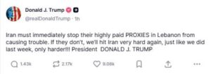 Trump amenaza con atacar a Irán si sus aliados en Líbano continúan “causando problemas”