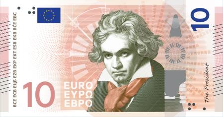 Propuesta bajo la temática “La cultura europea” del anverso para el billete de diez euros, con la figura de Ludwig van Beethoven, diseñado por Myrsini Vardopoulou 