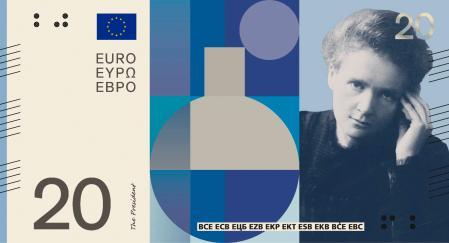 Propuesta bajo la temática “La cultura europea” del anverso para el billete de veinte euros, con la figura de Marie Curie, diseñado por Neue Gestaltung GmbH 