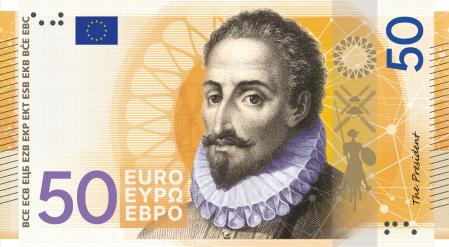 Propuesta bajo la temática “La cultura europea” del anverso para el billete de cincuenta euros, con la figura de Miguel de Cervantes, diseñado por Myrsini Vardopoulou 
