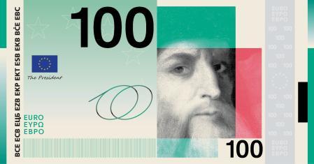 Propuesta bajo la temática “La cultura europea” del anverso para el billete de cien euros, con la figura de Leonardo da Vinci, diseñado por Studio Joost Grootens 