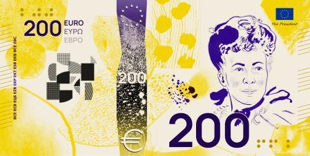 Propuesta bajo la temática “La cultura europea” del anverso para el billete de doscientos euros, con la figura de Bertha von Suttner, diseñado por Jan Robert Dünnweller 