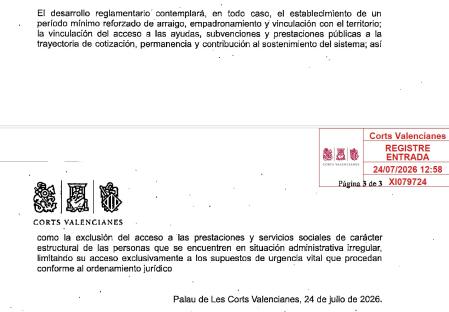 Texto de la enmienda pactada por PP y Vox para excluir a los migrantes en situación irregular de las ayudas.