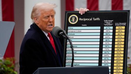 Trump anunciando los nuevos aranceles a multitud de países en el 2025. 