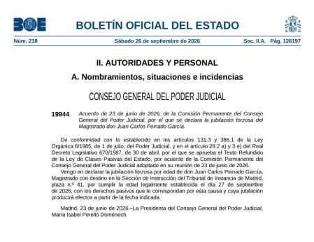 Imagen de la entrada del BOE que informa de la jubilación forzosa por edad del juez Peinado.