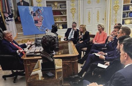 Imagen creada con IA en la que se ve a Trump junto a líderes europeos mostrando un mapa de EE.UU. con Groenlandia, Canadá y Venezuela anexionadas y publicada por él mismo&nbsp;