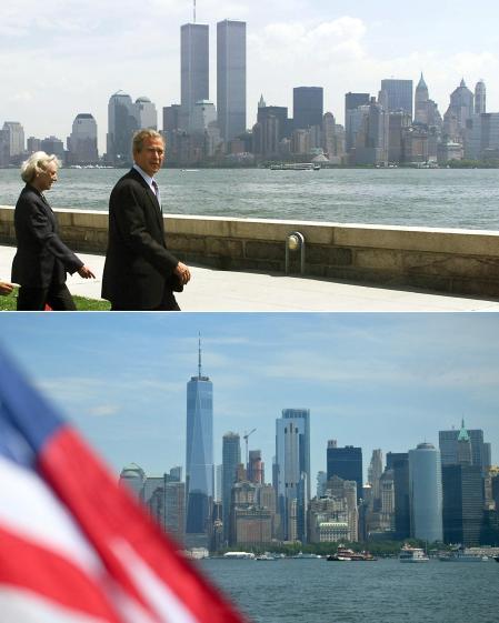 Esta combinación de fotografías de archivo, realizada el 4 de septiembre del 2026, muestra al presidente de EE.UU., George W. Bush, visitando Ellis Island con el horizonte de Nueva York y las Torres Gemelas del World Trade Center de fondo el 10 de julio del 2001, y el horizonte actual de Manhattan con el One World Trade Center&nbsp;